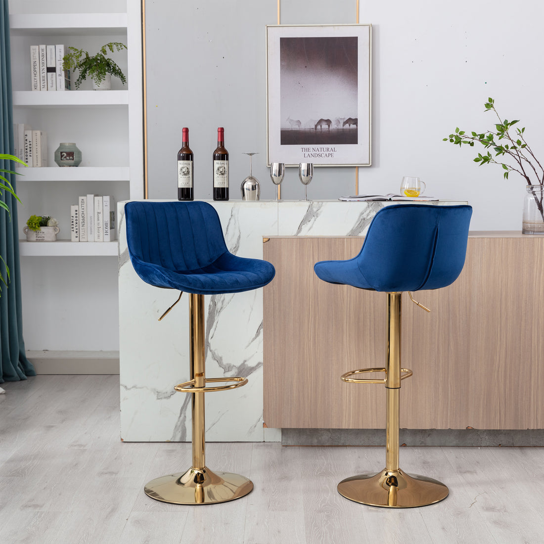 Chrome Footrest And Base Swivel Height Adjustable Mechanical Lifting Velvet Golden Leg Simple Bar Stool,Set Of 2,Navy Navy Foam Fabric