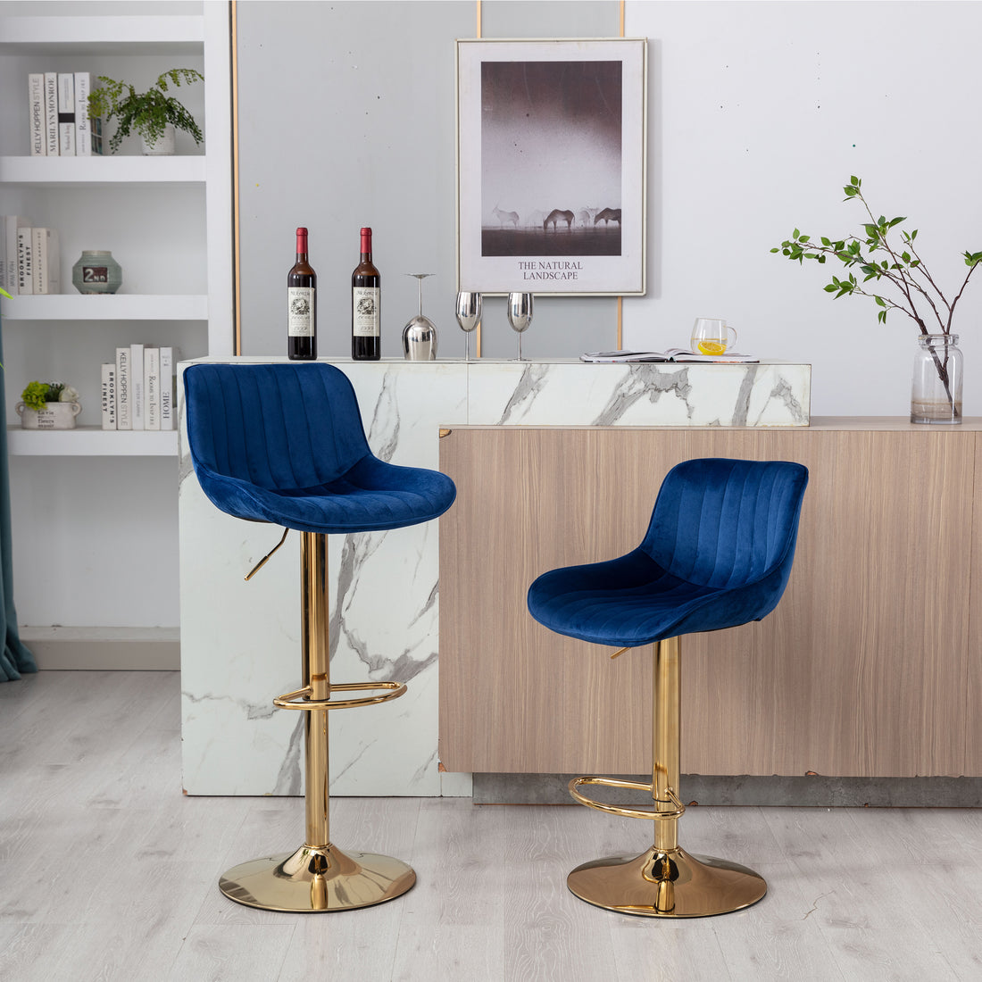 Chrome Footrest And Base Swivel Height Adjustable Mechanical Lifting Velvet Golden Leg Simple Bar Stool,Set Of 2,Navy Navy Foam Fabric