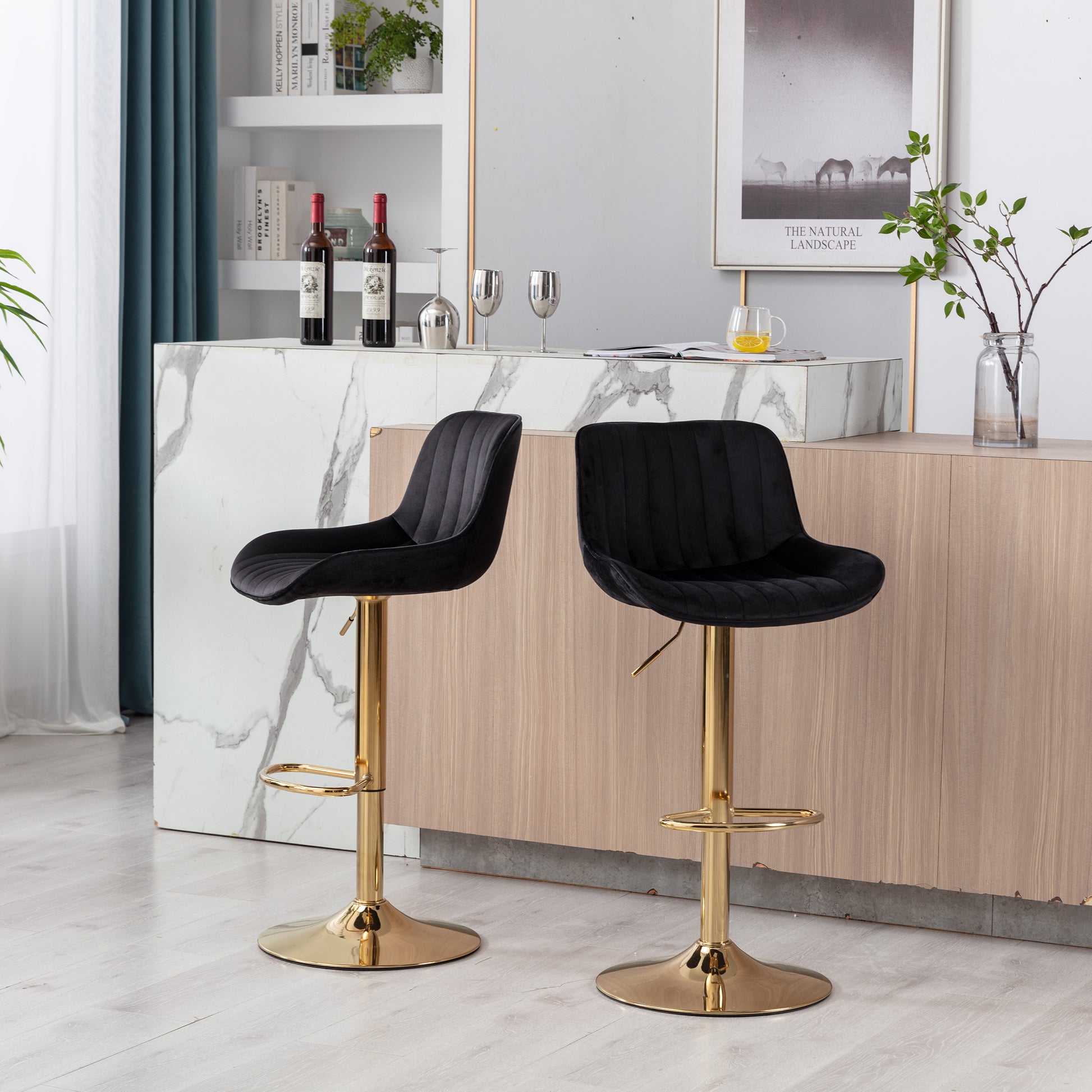 Chrome Footrest And Base Swivel Height Adjustable Mechanical Lifting Velvet Golden Leg Simple Bar Stool,Set Of 2,Black Black Foam Fabric