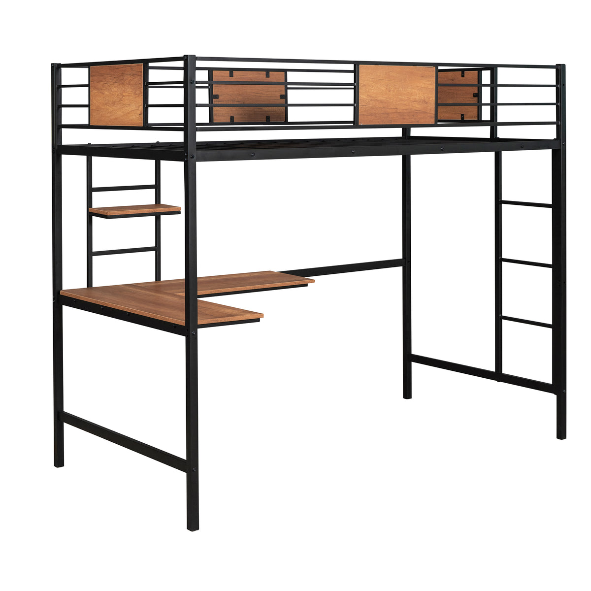 Twin Metal Loft Bed With Desk And Shelve,Black Twin Black Metal