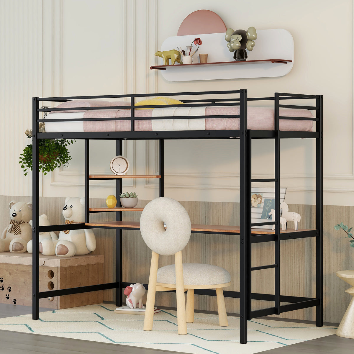 Twin Metal Loft Bed With Desk And Shelve,Black Black Metal