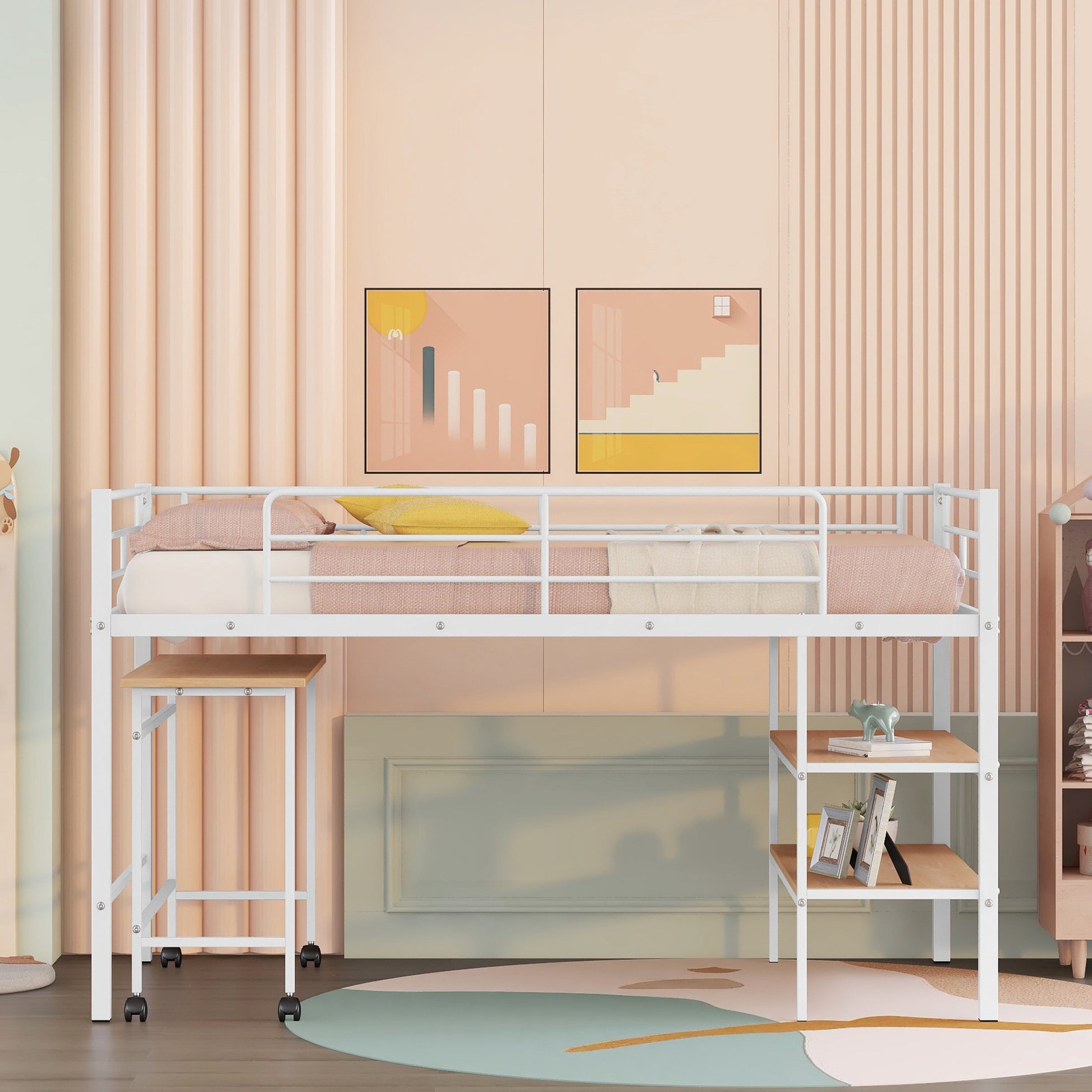 Twin Size Metal Loft Bed With Desk And Shelves,White Twin White Metal