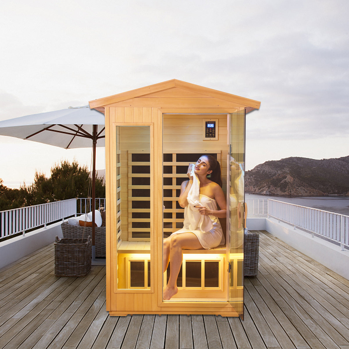 Two Person Basswood Far Infrared Outdoor Sauna Room Natural Wood Solid Wood