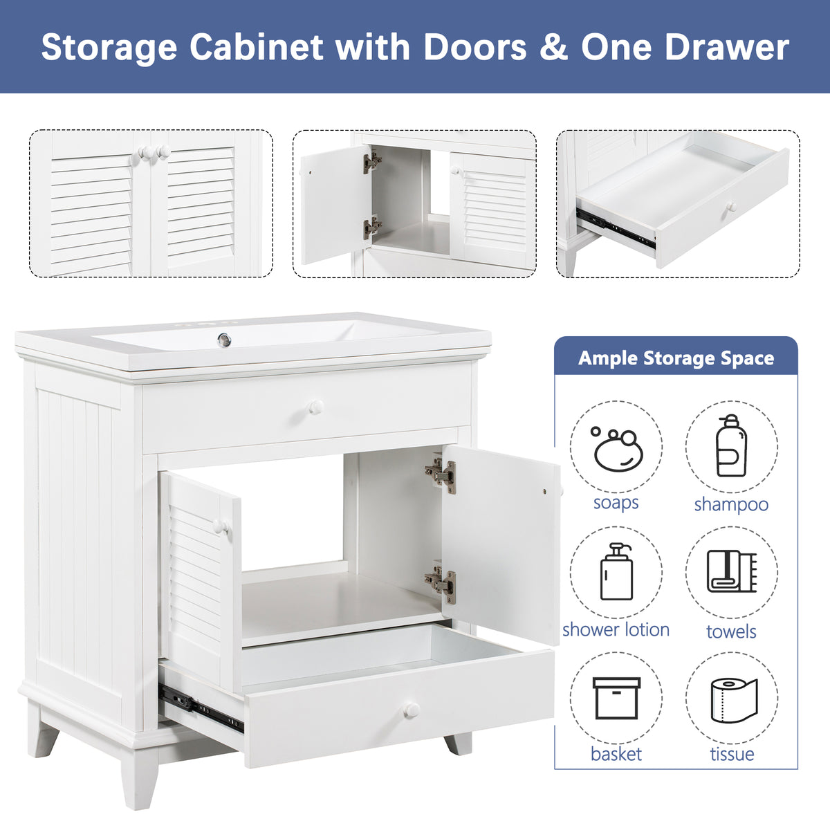 30" Bathroom Vanity With Sink, Bathroom Cabinet With Two Doors And One Drawer, White Old Sku: Jl000005Aak White Solid Wood
