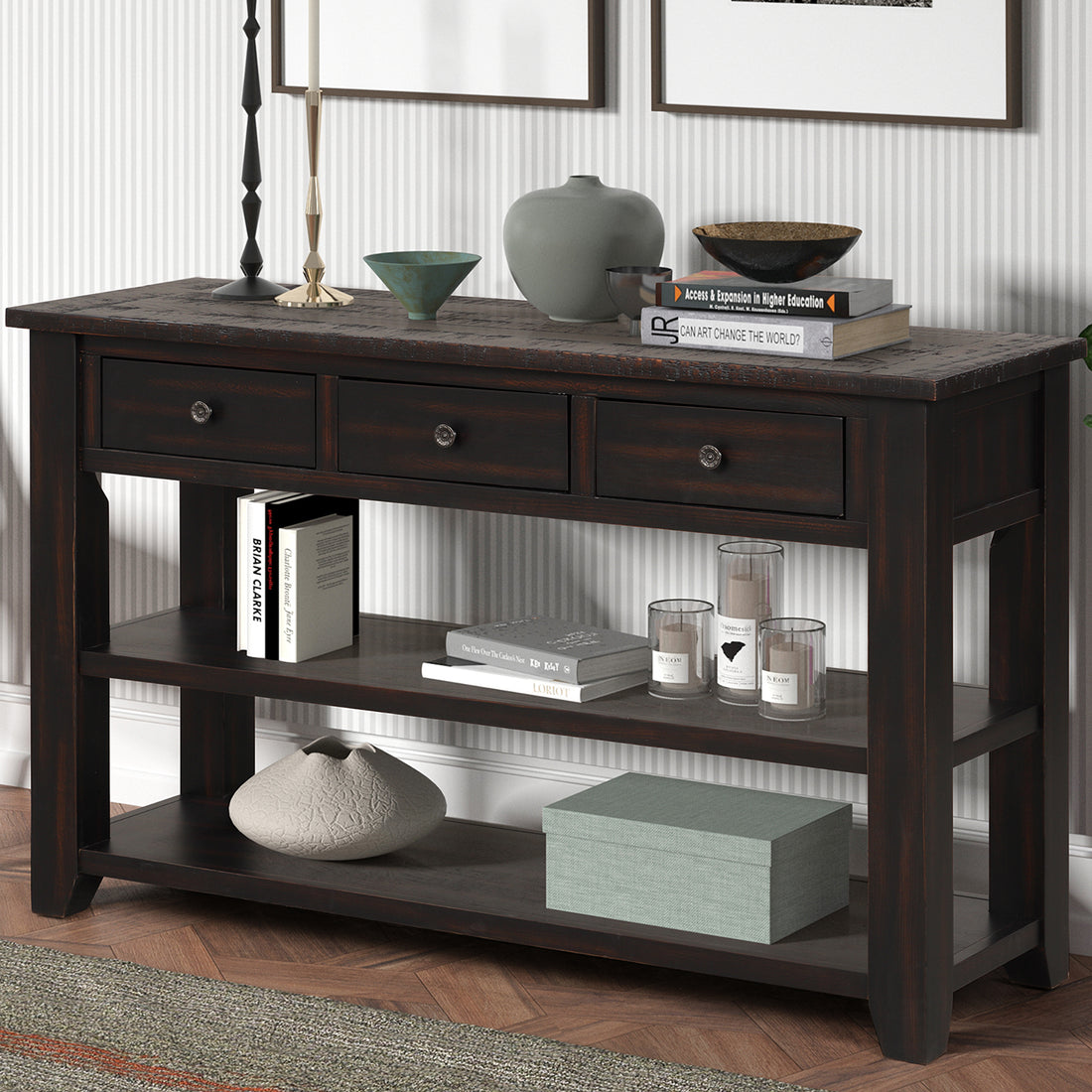 48'' Solid Pine Wood Top Console Table, Modern Entryway Sofa Side Table With 3 Storage Drawers And 2 Shelves. Easy To Assemble Black Black Pine