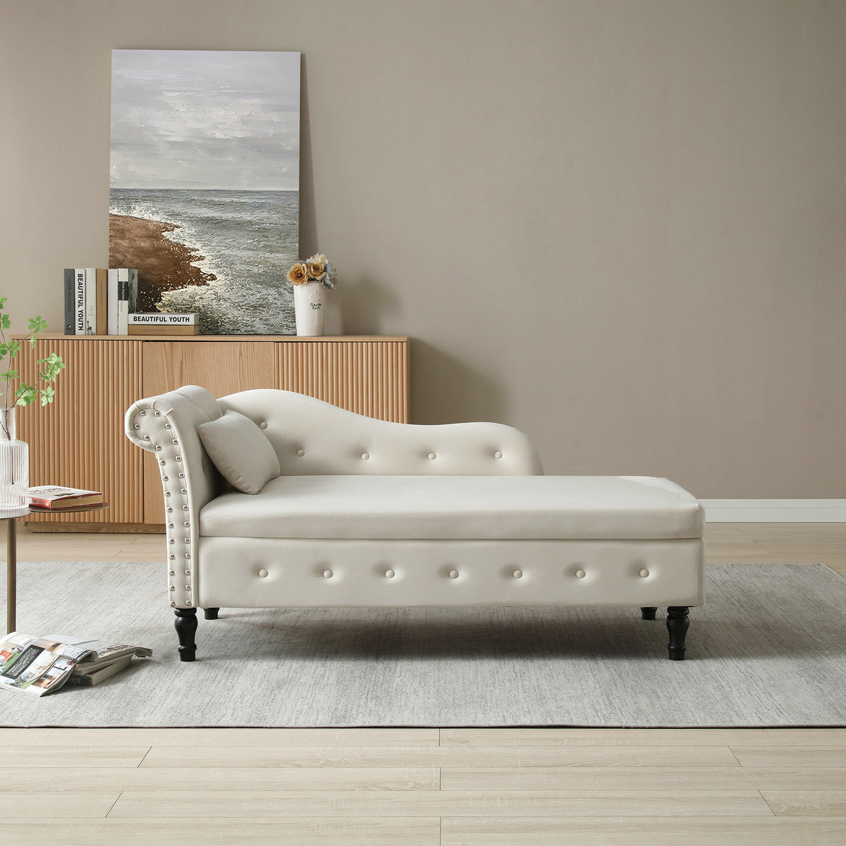 Aijia 60" Velvet Multifunctional Storage Chaise Lounge Buttons Tufted Trimmed Solid Wood Legs With 1 Pillow ,Beige Beige Velvet