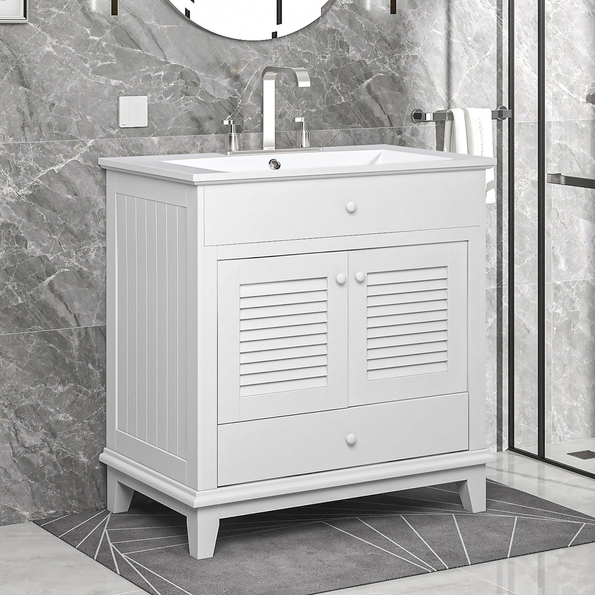30" Bathroom Vanity With Sink, Bathroom Cabinet With Two Doors And One Drawer, White Old Sku: Jl000005Aak White Solid Wood