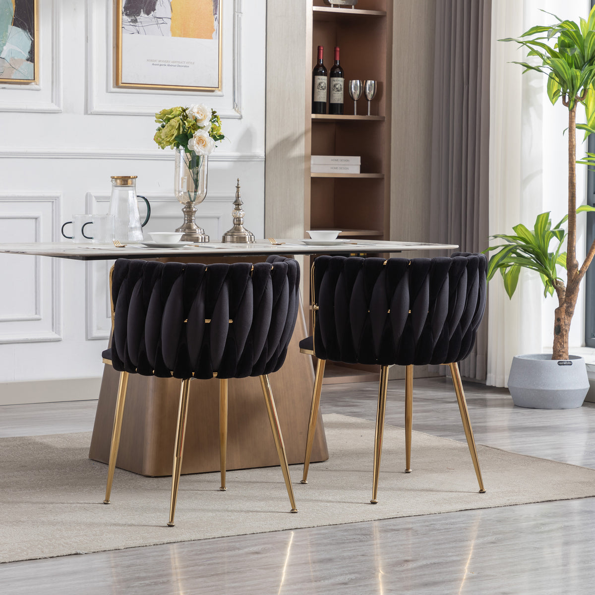 Dining Chair Thickened Fabric Chairs With Wood Legs Set Of 2 Black Black Foam Fabric