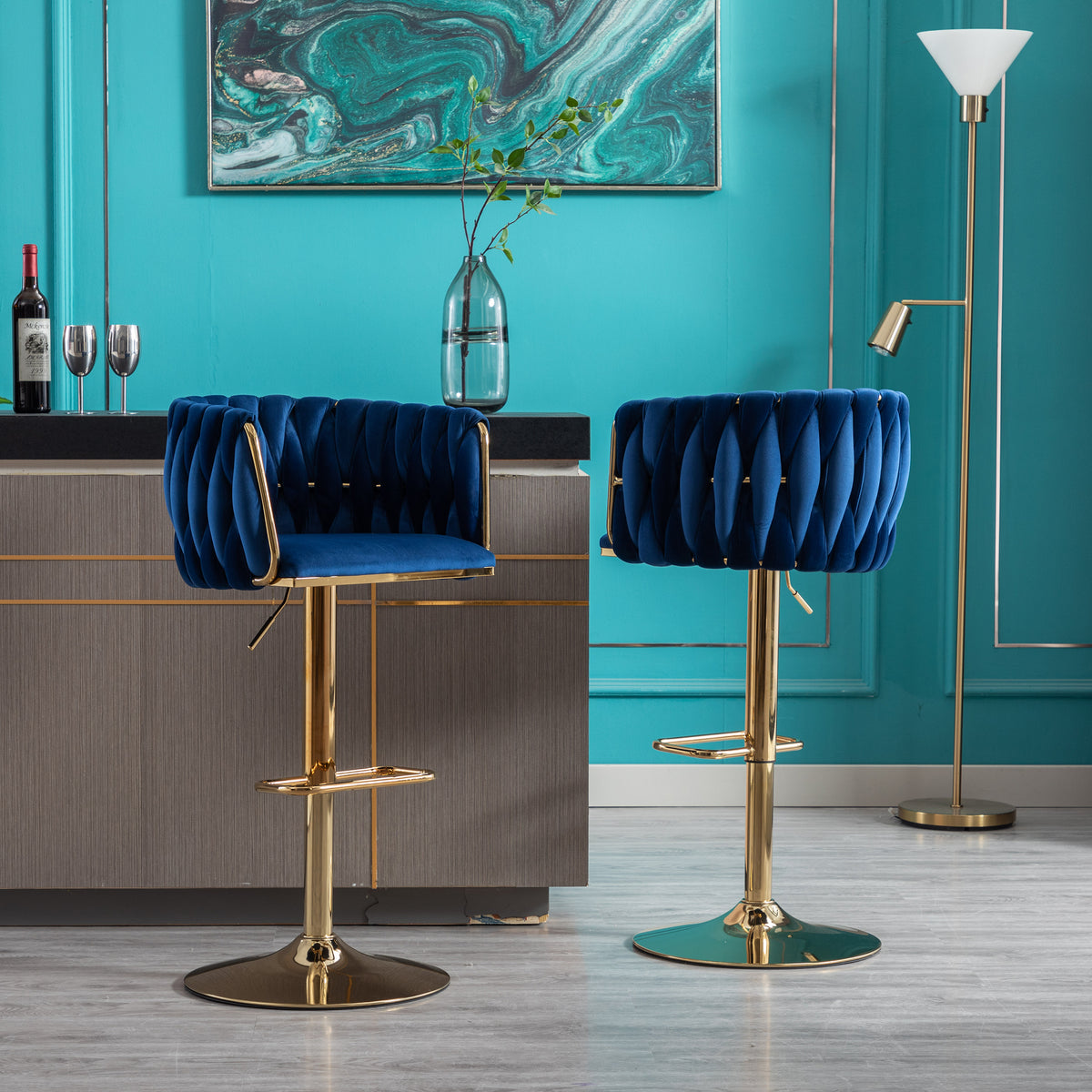 Set Of 2 Bar Stools,With Chrome Footrest And Base Swivel Height Adjustable Mechanical Lifting Velvet Golden Leg Simple Bar Stool Navy Navy Foam Fabric