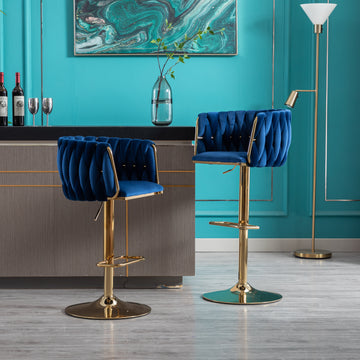 Set Of 2 Bar Stools,With Chrome Footrest And Base Swivel Height Adjustable Mechanical Lifting Velvet Golden Leg Simple Bar Stool Navy Navy Foam Fabric