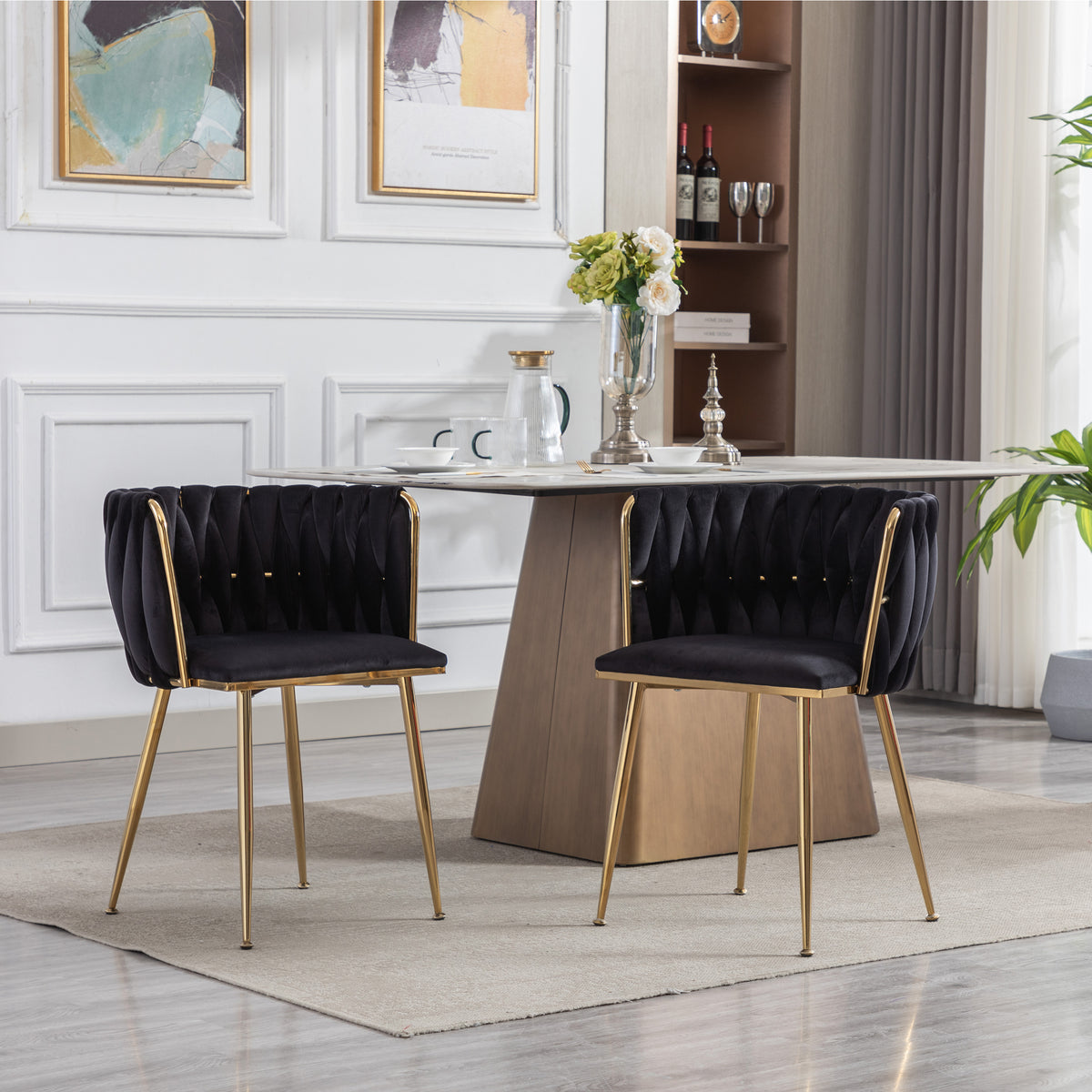 Dining Chair Thickened Fabric Chairs With Wood Legs Set Of 2 Black Black Foam Fabric