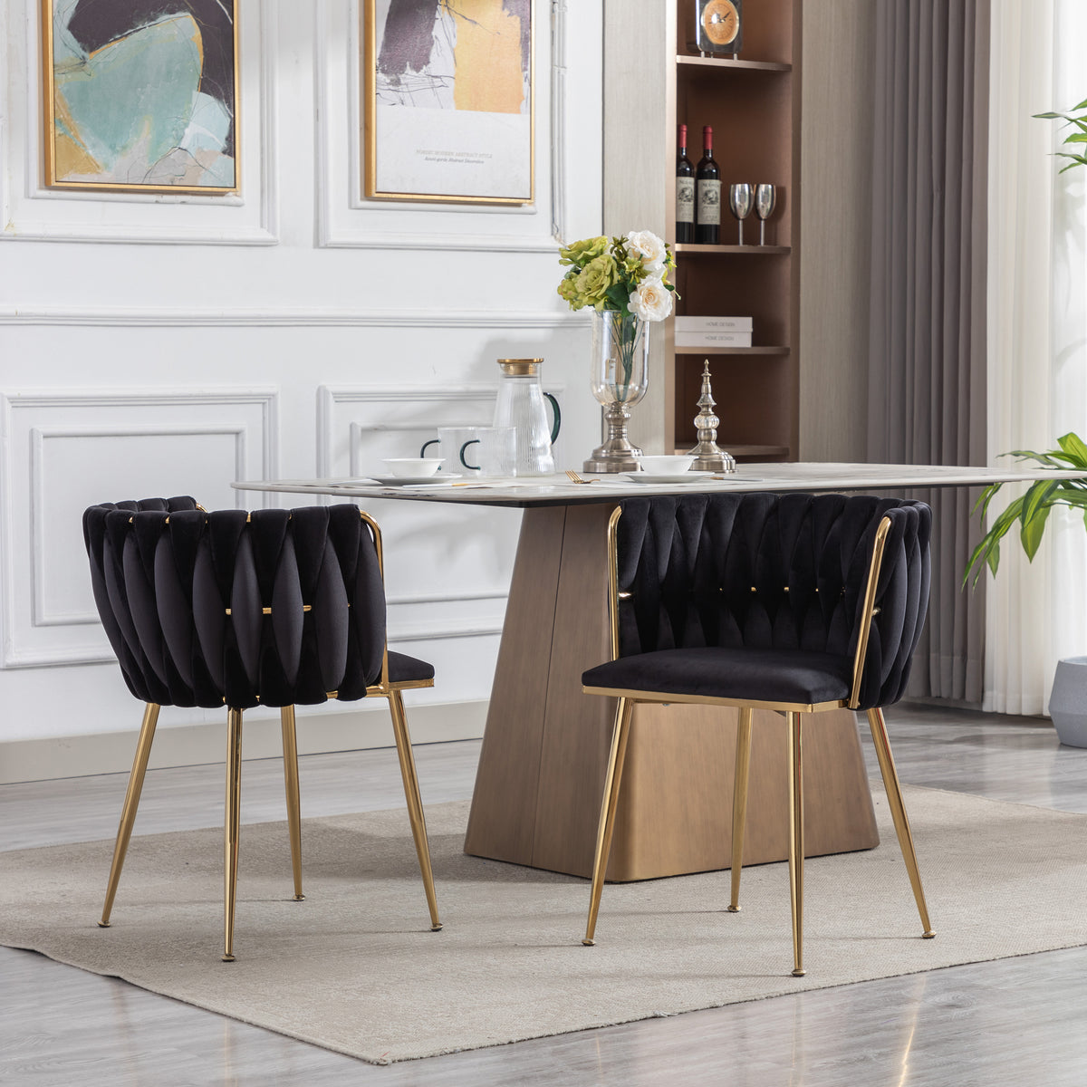 Dining Chair Thickened Fabric Chairs With Wood Legs Set Of 2 Black Black Foam Fabric
