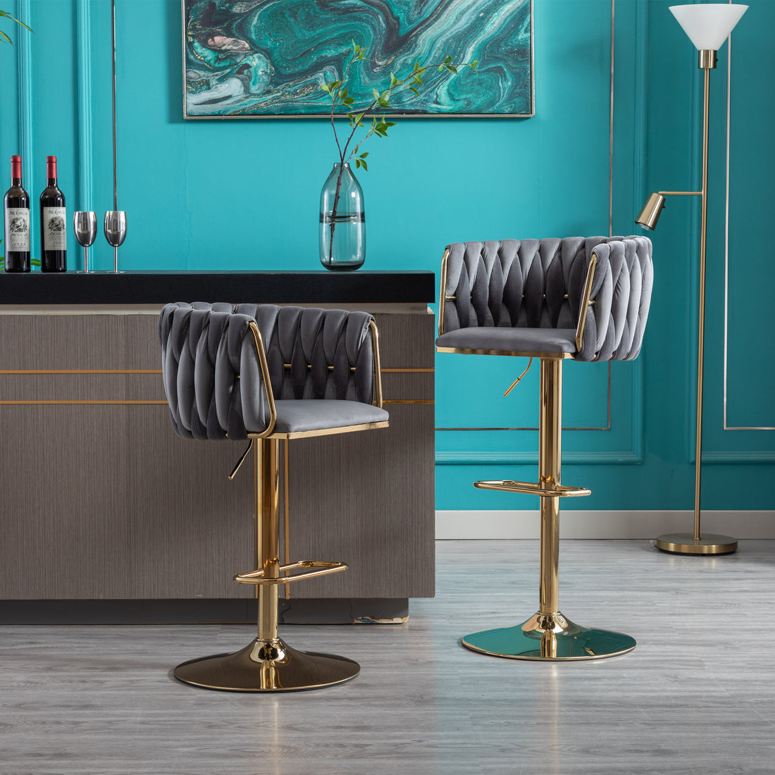 Set Of 2 Bar Stools,With Chrome Footrest And Base Swivel Height Adjustable Mechanical Lifting Velvet Golden Leg Simple Bar Stool Grey Grey Foam Fabric