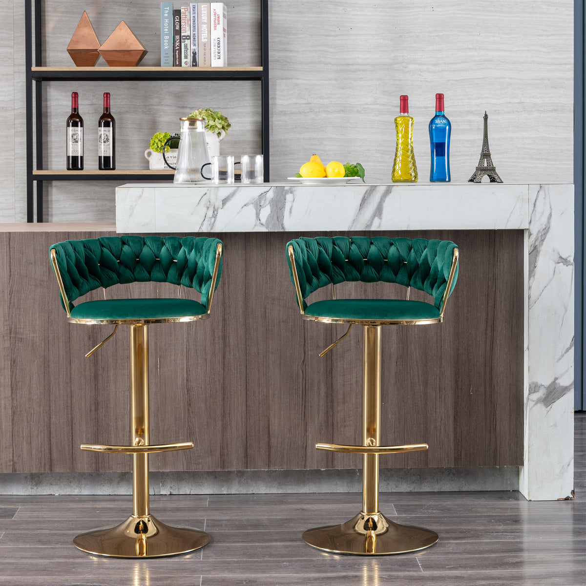 Set Of 2 Bar Stools,With Chrome Footrest And Base Swivel Height Adjustable Mechanical Lifting Velvet Golden Leg Simple Bar Stool Green Green Foam Fabric