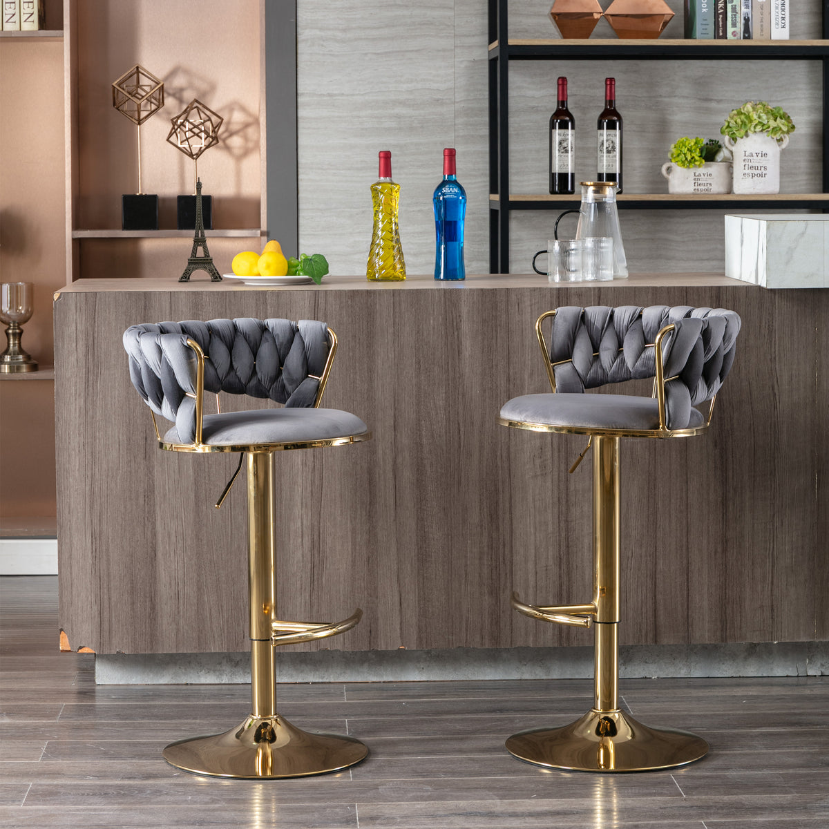 Set Of 2 Bar Stools,With Chrome Footrest And Base Swivel Height Adjustable Mechanical Lifting Velvet Golden Leg Simple Bar Stool Gray Gray Foam Fabric
