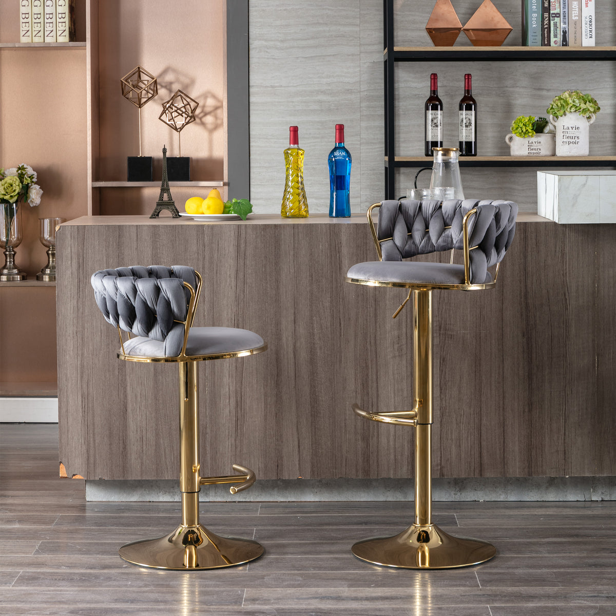 Set Of 2 Bar Stools,With Chrome Footrest And Base Swivel Height Adjustable Mechanical Lifting Velvet Golden Leg Simple Bar Stool Gray Gray Foam Fabric