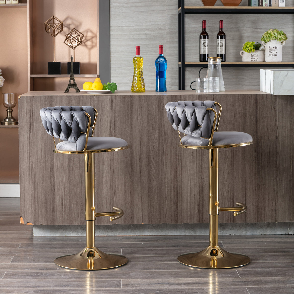 Set Of 2 Bar Stools,With Chrome Footrest And Base Swivel Height Adjustable Mechanical Lifting Velvet Golden Leg Simple Bar Stool Gray Gray Foam Fabric