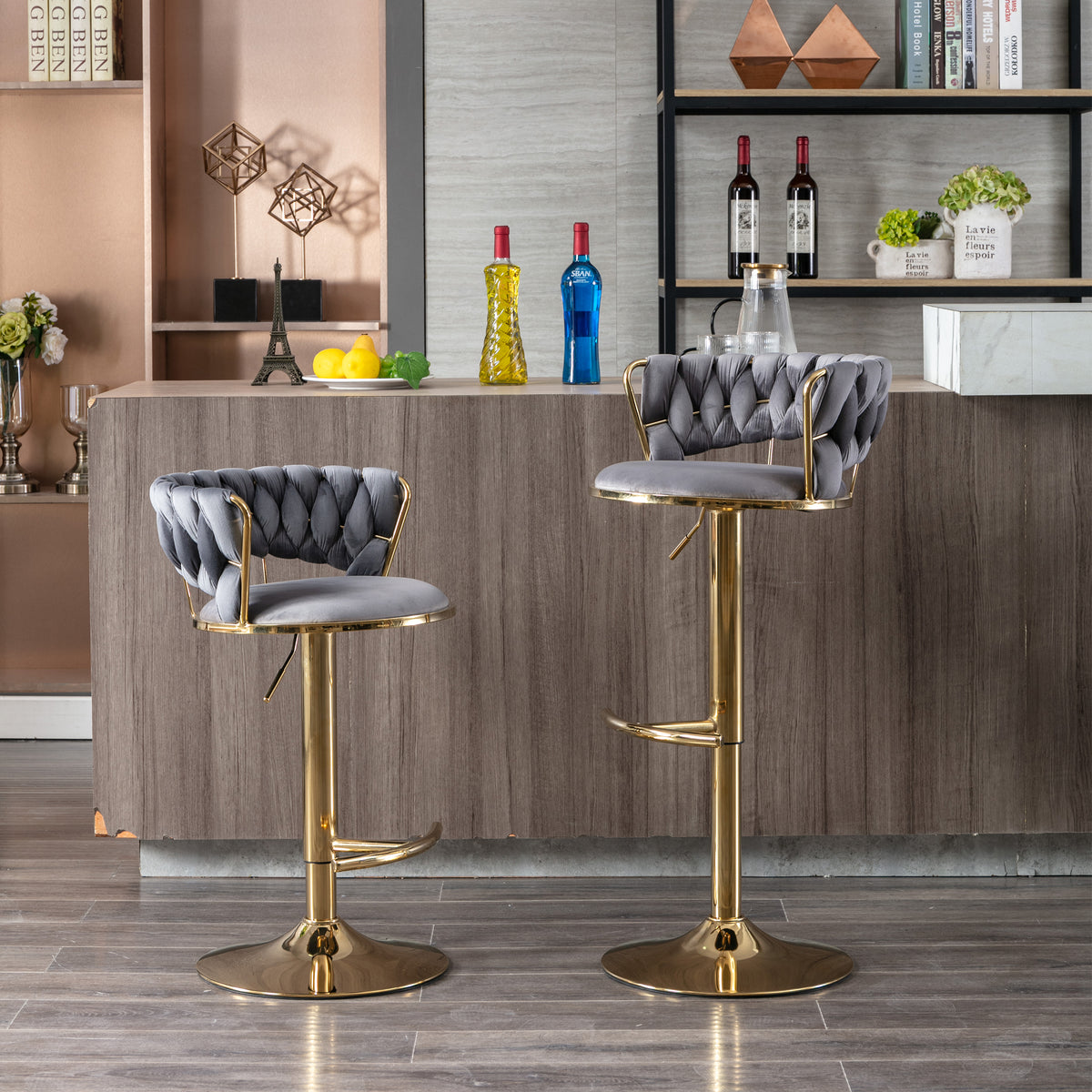 Set Of 2 Bar Stools,With Chrome Footrest And Base Swivel Height Adjustable Mechanical Lifting Velvet Golden Leg Simple Bar Stool Gray Gray Foam Fabric