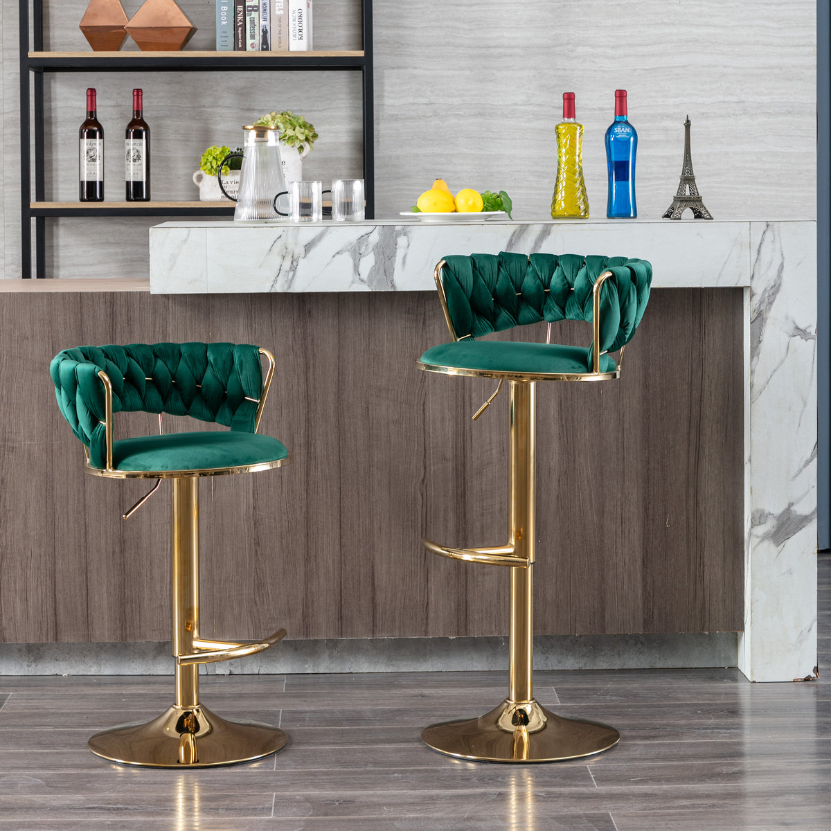 Set Of 2 Bar Stools,With Chrome Footrest And Base Swivel Height Adjustable Mechanical Lifting Velvet Golden Leg Simple Bar Stool Green Green Foam Fabric