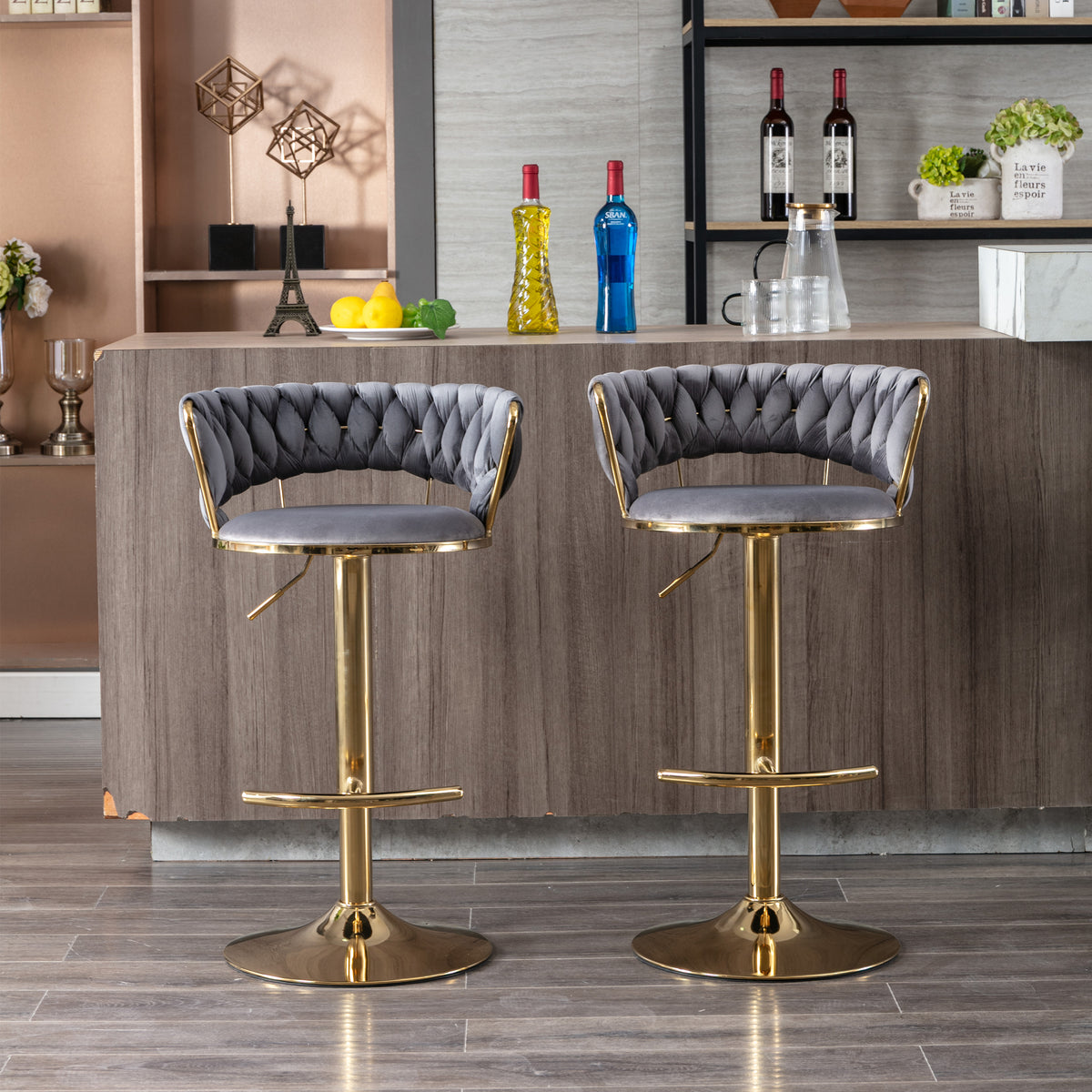 Set Of 2 Bar Stools,With Chrome Footrest And Base Swivel Height Adjustable Mechanical Lifting Velvet Golden Leg Simple Bar Stool Gray Gray Foam Fabric
