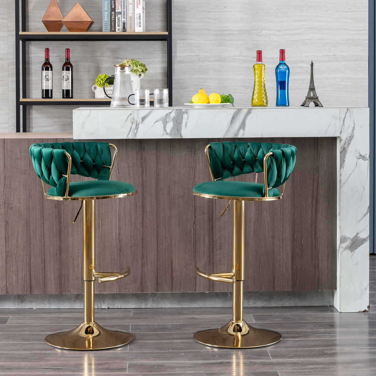Set Of 2 Bar Stools,With Chrome Footrest And Base Swivel Height Adjustable Mechanical Lifting Velvet Golden Leg Simple Bar Stool Green Green Foam Fabric