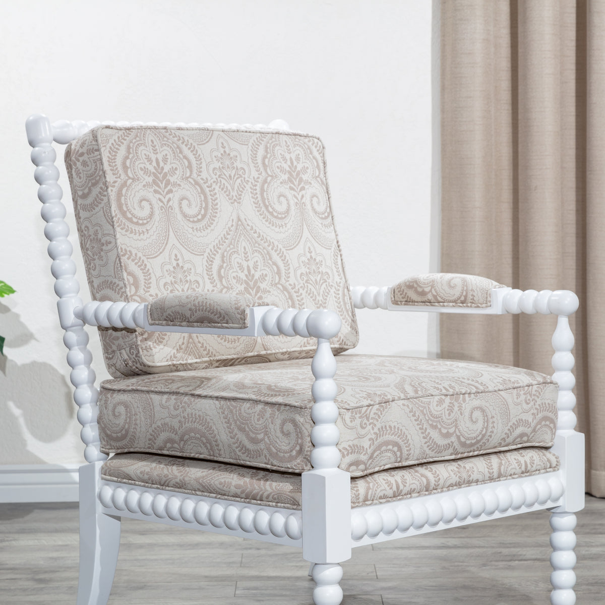 Spindle Chair, White Finish, Taupe Paisley Fabric White Fabric