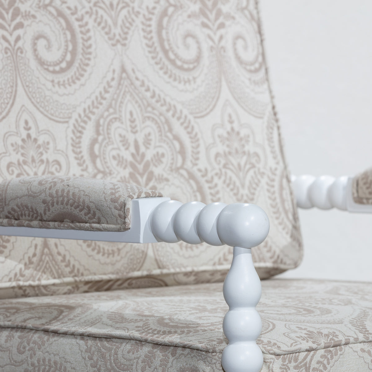 Spindle Chair, White Finish, Taupe Paisley Fabric White Fabric