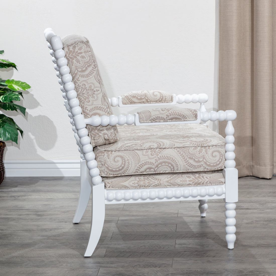 Spindle Chair, White Finish, Taupe Paisley Fabric White Fabric