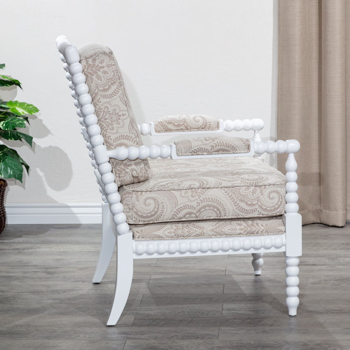 Spindle Chair, White Finish, Taupe Paisley Fabric White Fabric