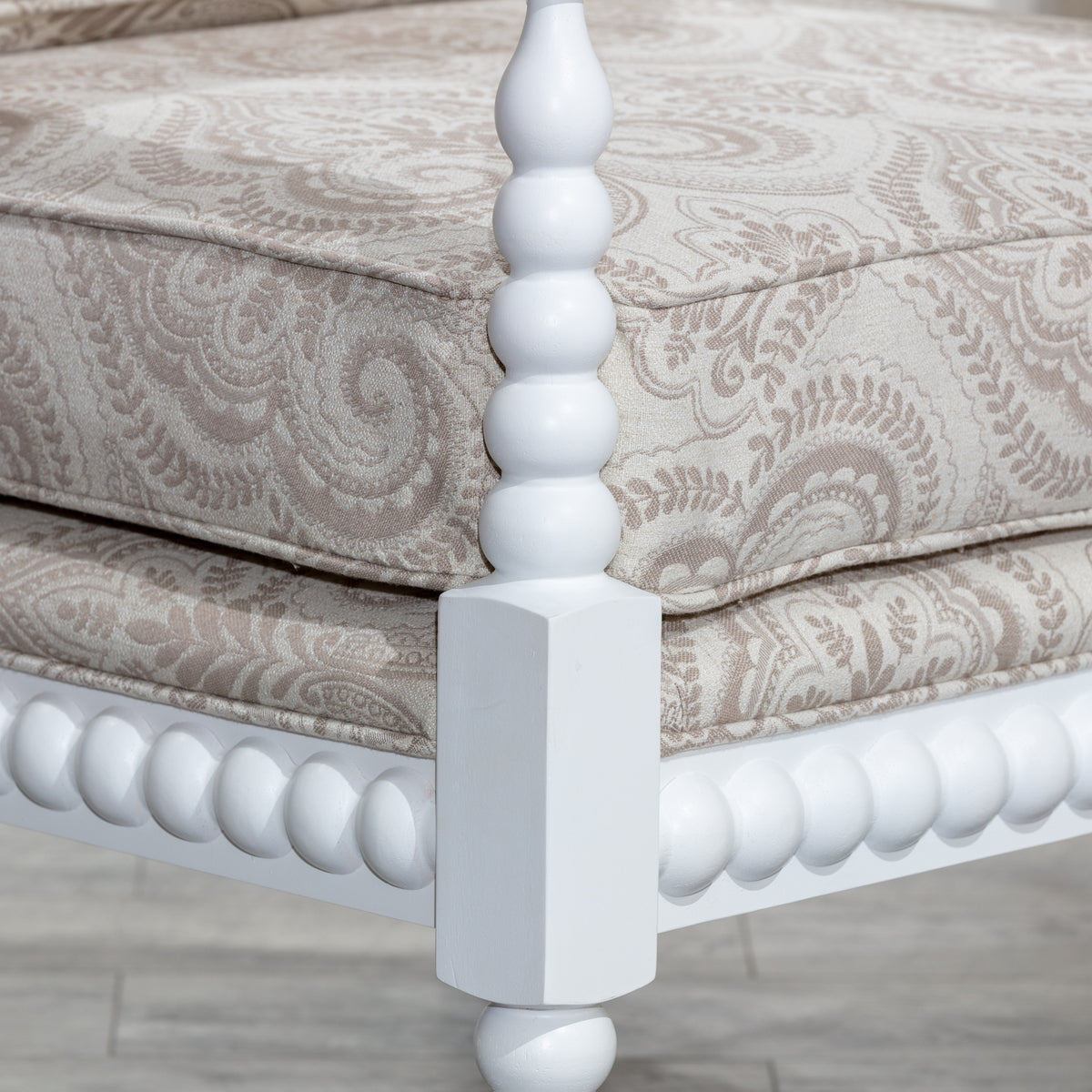 Spindle Chair, White Finish, Taupe Paisley Fabric White Fabric