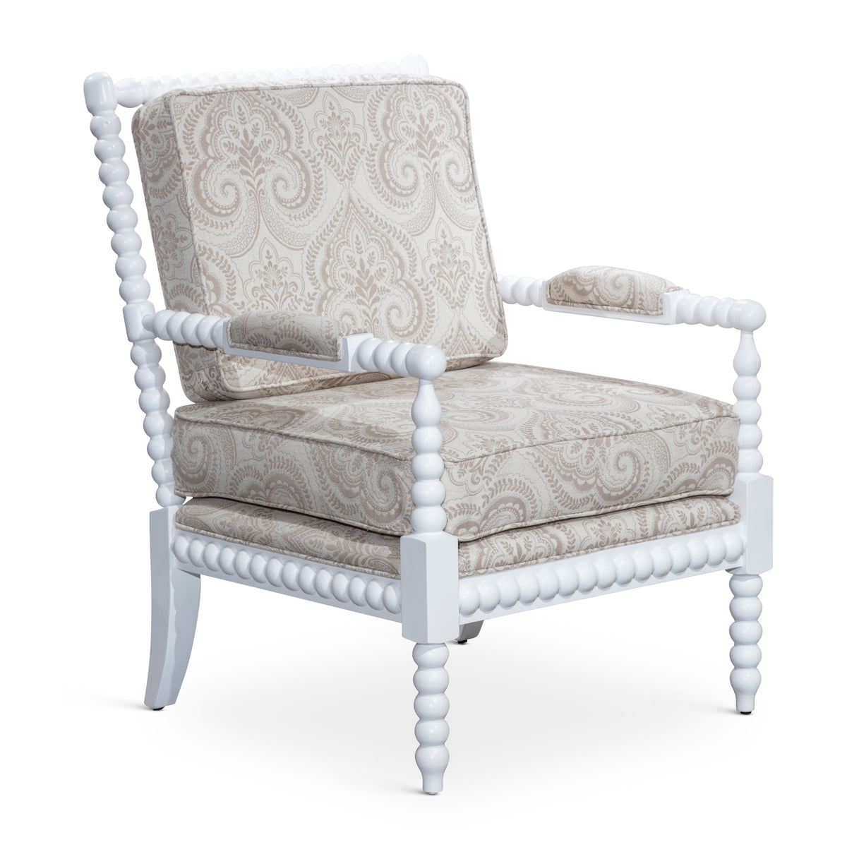 Spindle Chair, White Finish, Taupe Paisley Fabric White Fabric