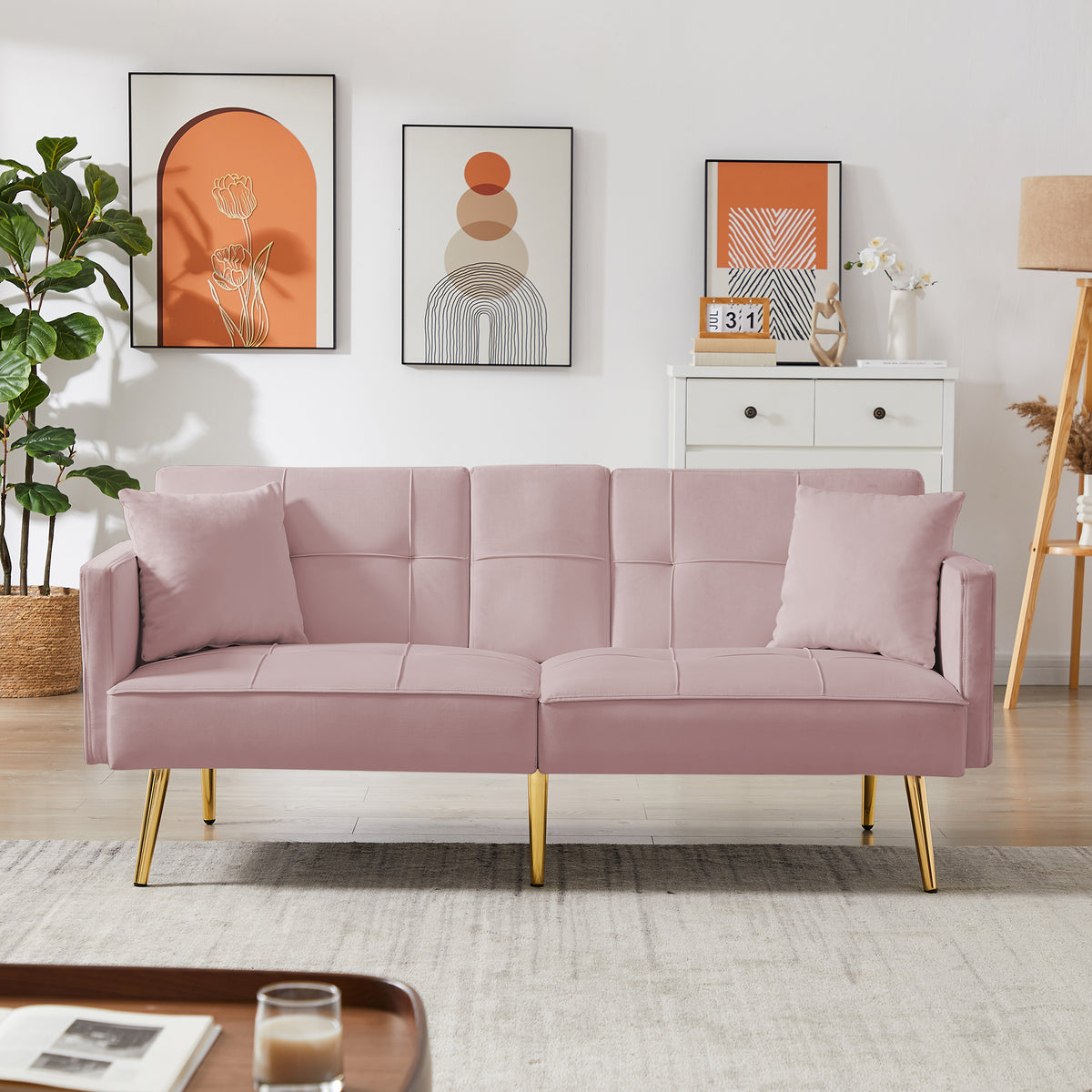 Pink Velvet Futon Sofa Bed With Gold Metal Legs Pink Velvet Wood Tufted Back Eucalyptus Square Arms Foam Velvet 2 Seat