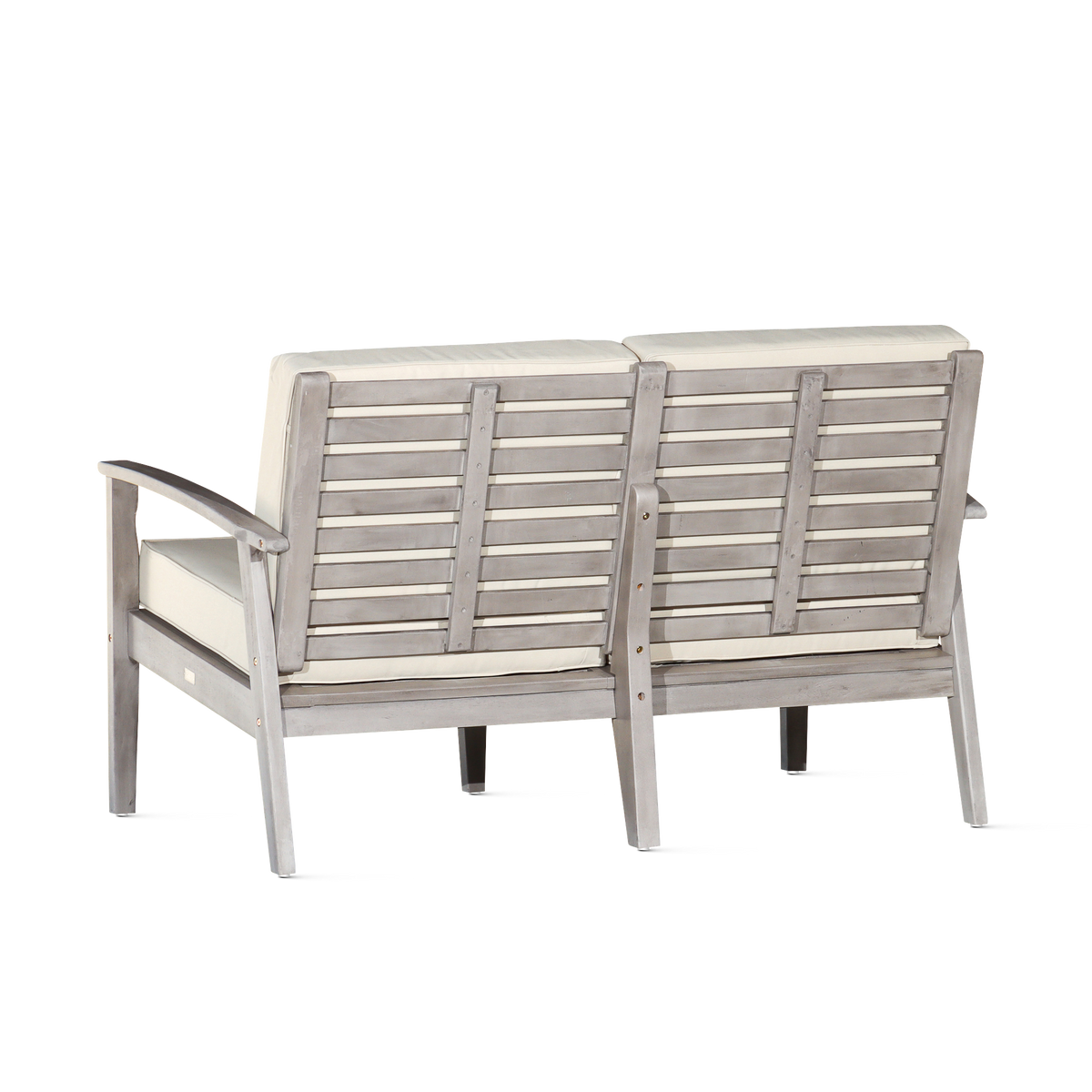 Eucalyptus Loveseat With Cushions, Driftwood Gray Finish, Burdy Cushions Gray Eucalyptus