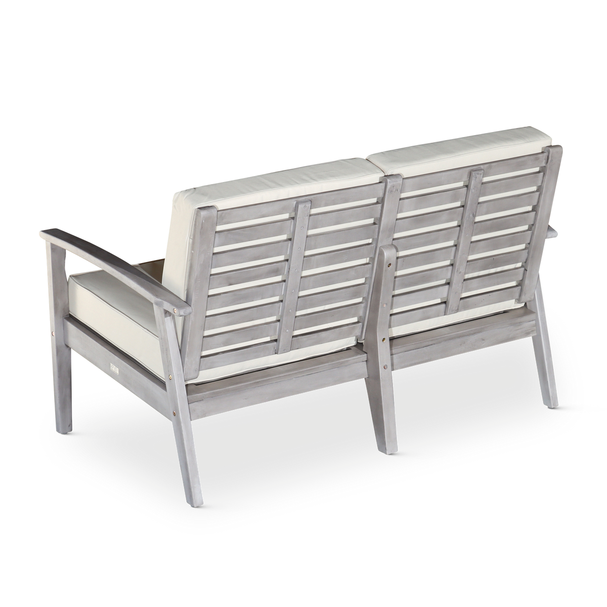 Eucalyptus Loveseat With Cushions, Silver Gray Finish, Burdy Cushions Silver Grey Eucalyptus