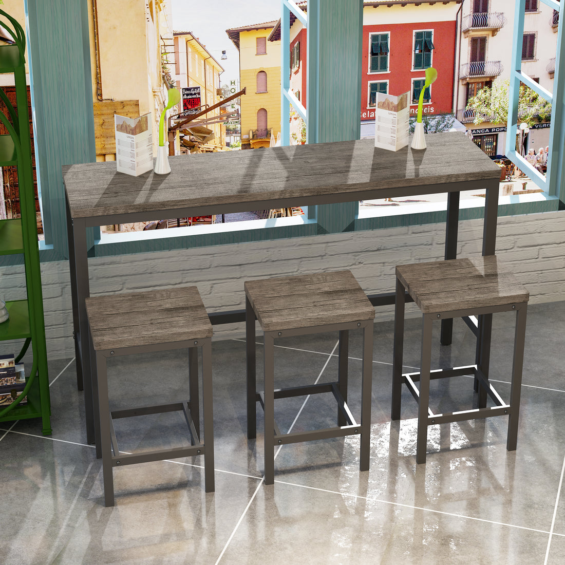 Modern Design Kitchen Dining Table, Pub Table, Long Dining Table Set With 3 Stools, Easy Assembly, Brown Gray Same Sku:W75753849 Brown Gray Mdf