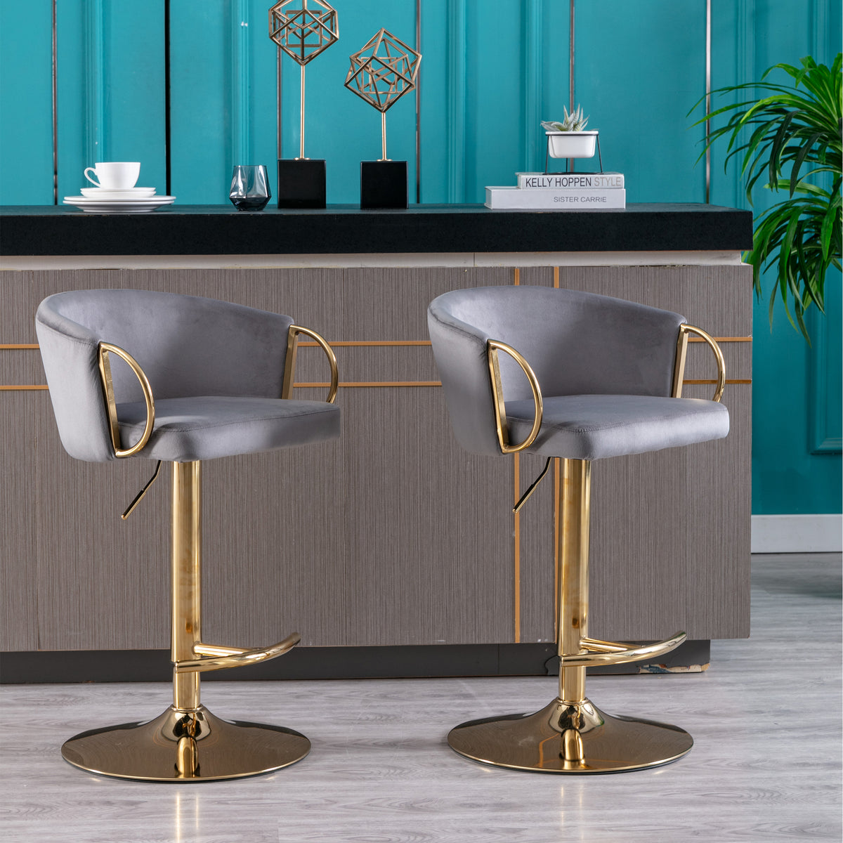 Set Of 2 Bar Stools,With Chrome Footrest And Base Swivel Height Adjustable Mechanical Lifting Velvet Golden Leg Simple Bar Stool Grey Grey Foam Fabric