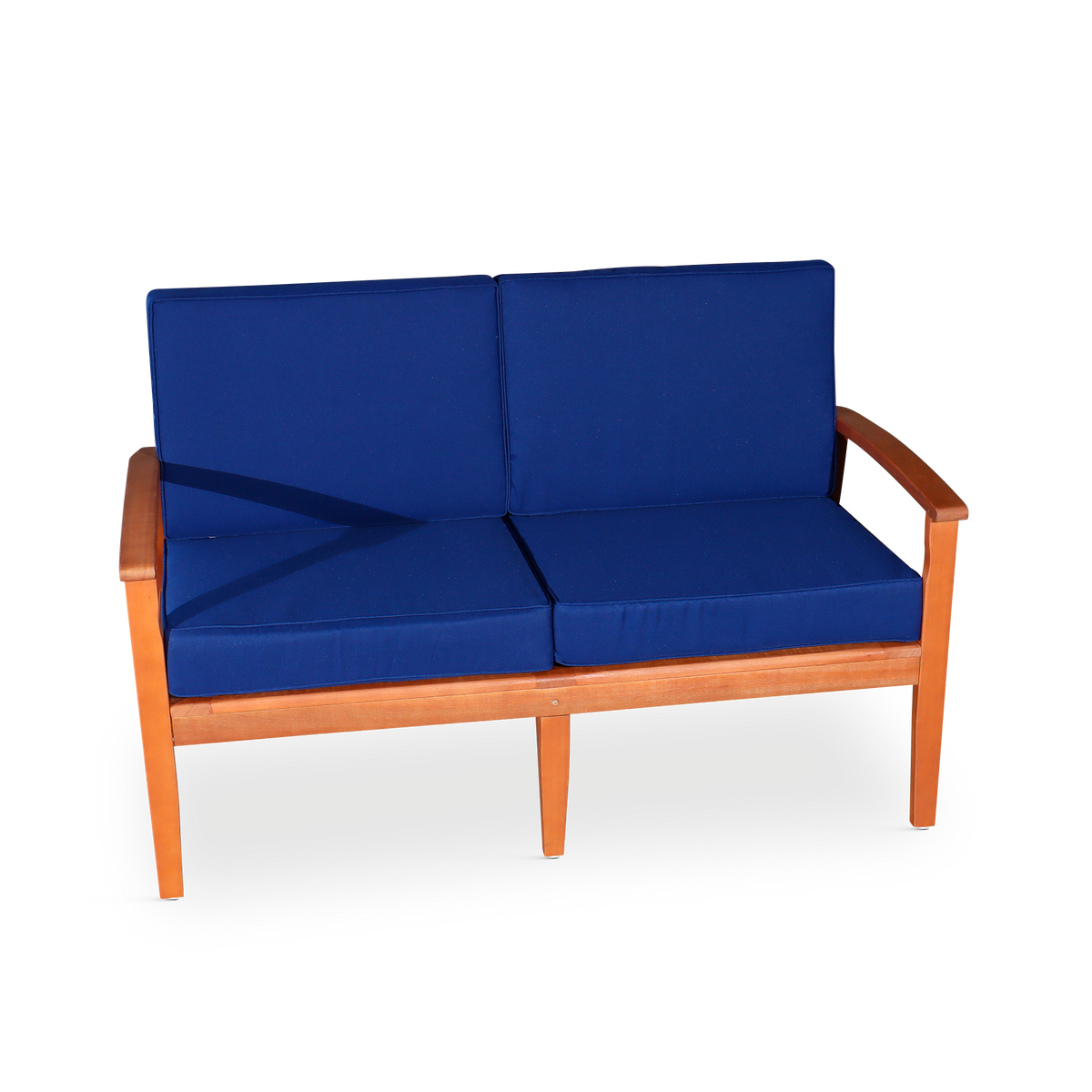 Eucalyptus Loveseat With Cushions, Natural Oil Finish, Navy Cushions Natural Eucalyptus