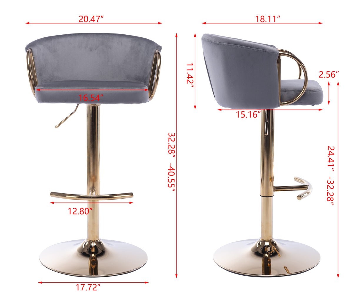 Set Of 2 Bar Stools,With Chrome Footrest And Base Swivel Height Adjustable Mechanical Lifting Velvet Golden Leg Simple Bar Stool Grey Grey Foam Fabric