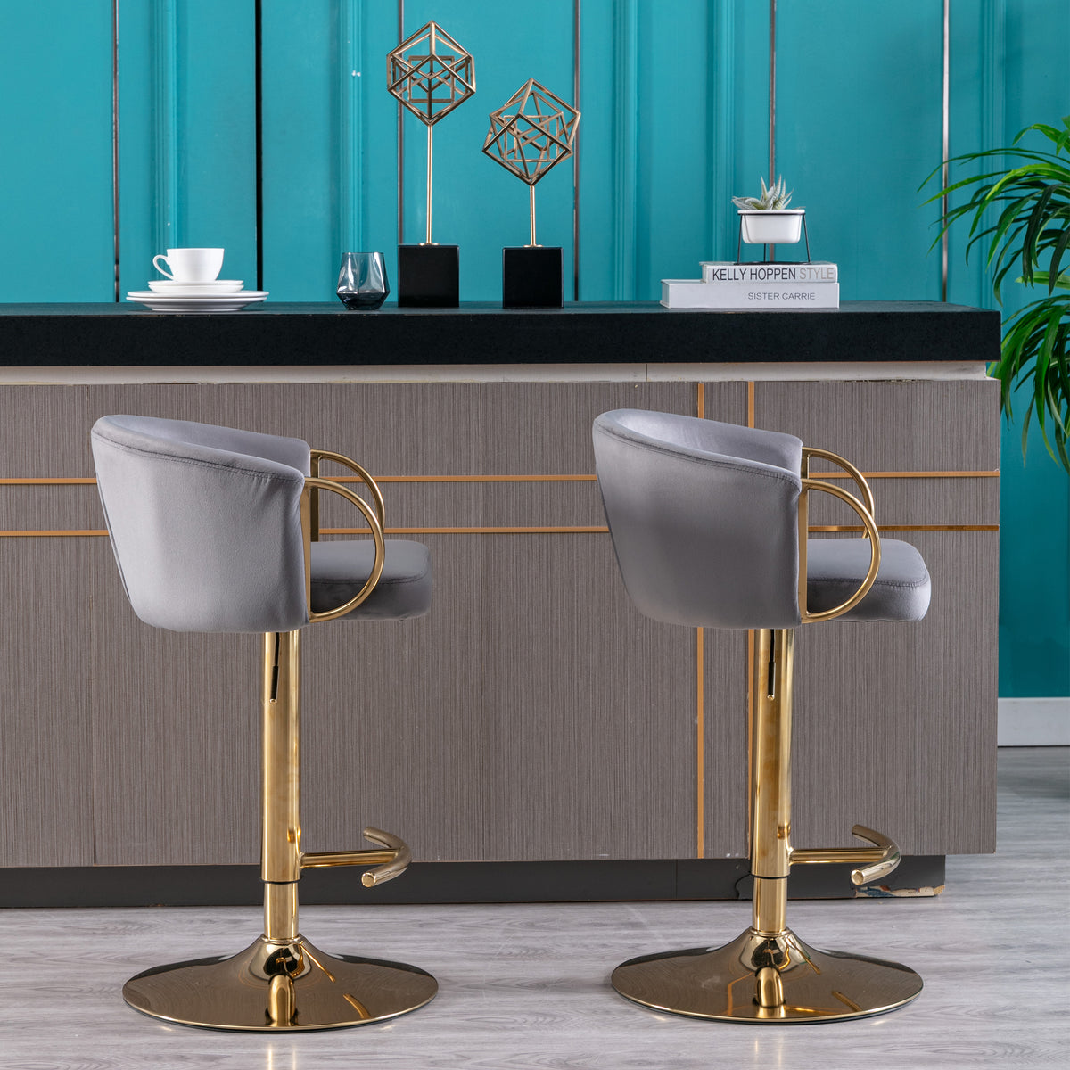 Set Of 2 Bar Stools,With Chrome Footrest And Base Swivel Height Adjustable Mechanical Lifting Velvet Golden Leg Simple Bar Stool Grey Grey Foam Fabric