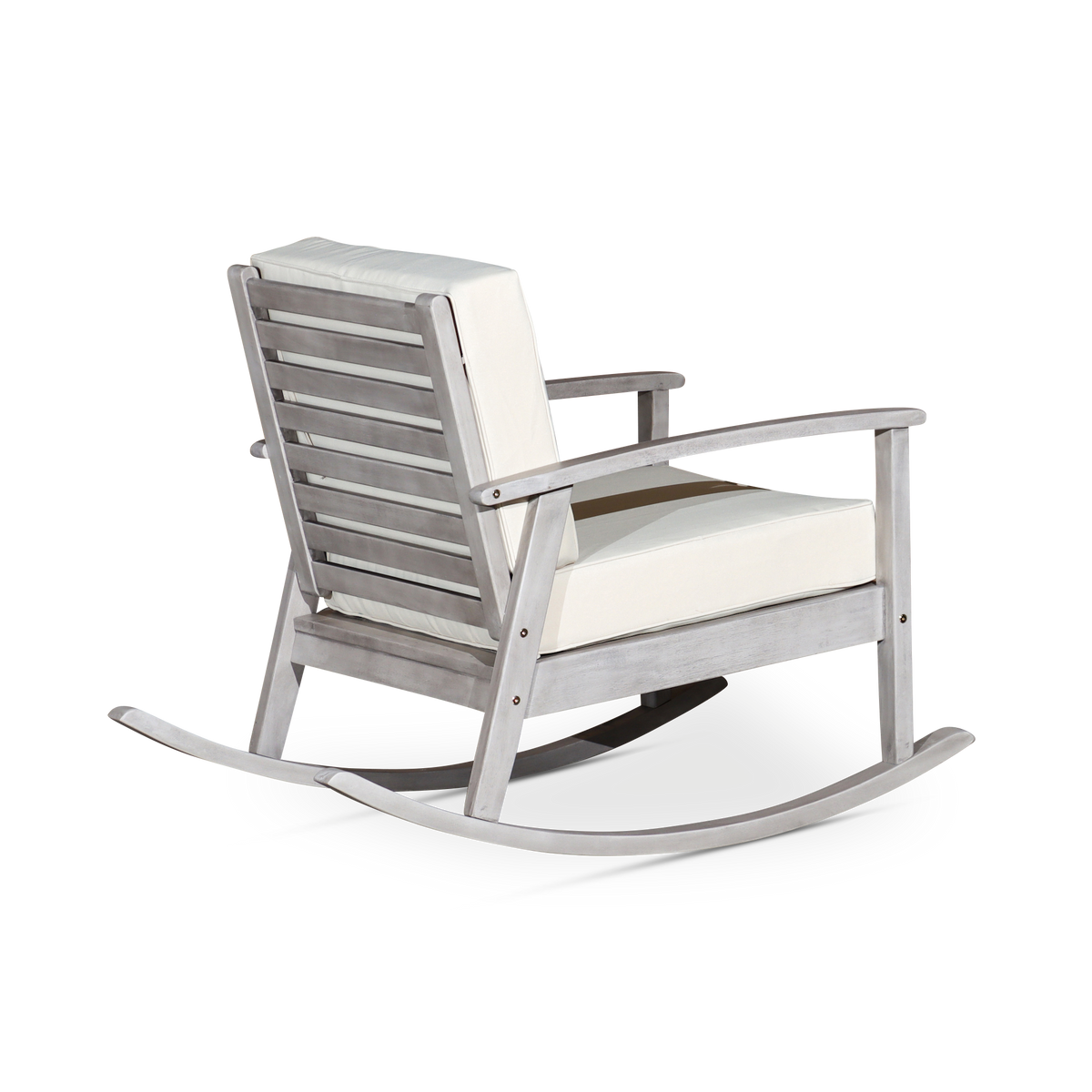 Eucalyptus Rocking Chair With Cushions, Silver Gray Finish, Dark Green Cushions Silver Grey Eucalyptus