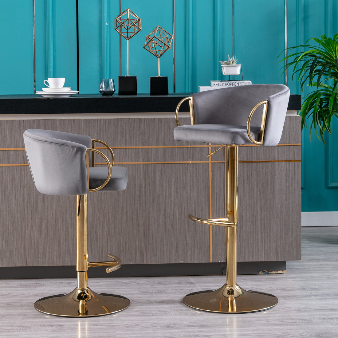 Set Of 2 Bar Stools,With Chrome Footrest And Base Swivel Height Adjustable Mechanical Lifting Velvet Golden Leg Simple Bar Stool Grey Grey Foam Fabric