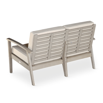 Eucalyptus Loveseat With Cushions, Driftwood Gray Finish, Navy Cushions Gray Eucalyptus