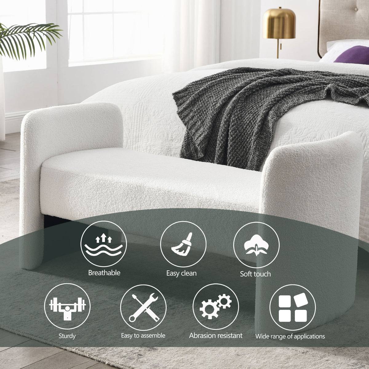 Welike 52" Bench For Bedroom End Of Bed Modern Contemporary Design Ottoman Couch Long Bench Window Sitting Fireplace Bench, Teddy White Ivory Ivory Foam Polyester