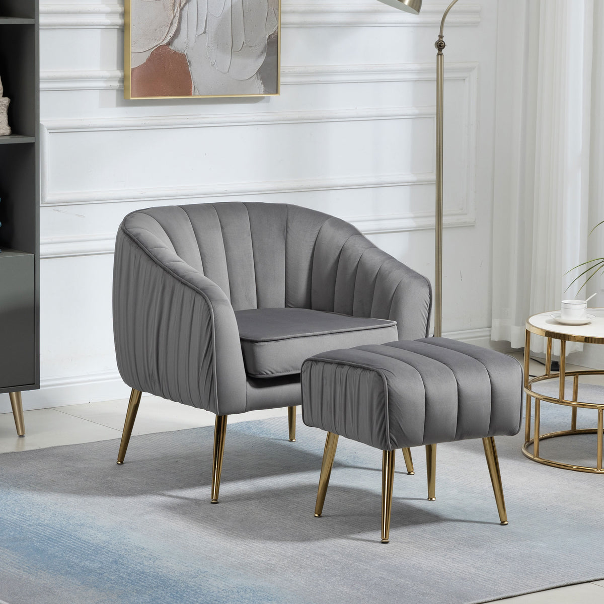 Velvet Accent Chair With Ottoman, Modern Tufted Barrel Chair Ottoman Set For Living Room Bedroom, Golden Finished, Grey Grey Foam Velvet