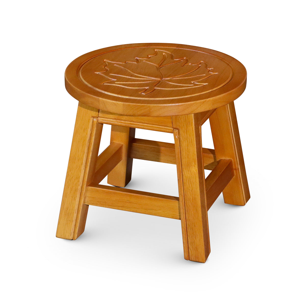 Carved Wooden Step Stool, Maple Leaf, Natural Natural Rubber Wood
