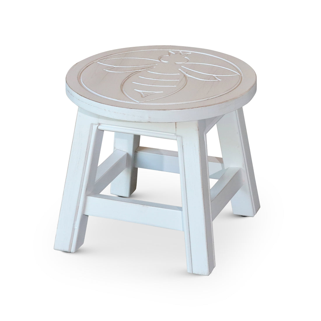 Carved Wooden Step Stool, Queen Bee, Antique White Antique White Rubber Wood
