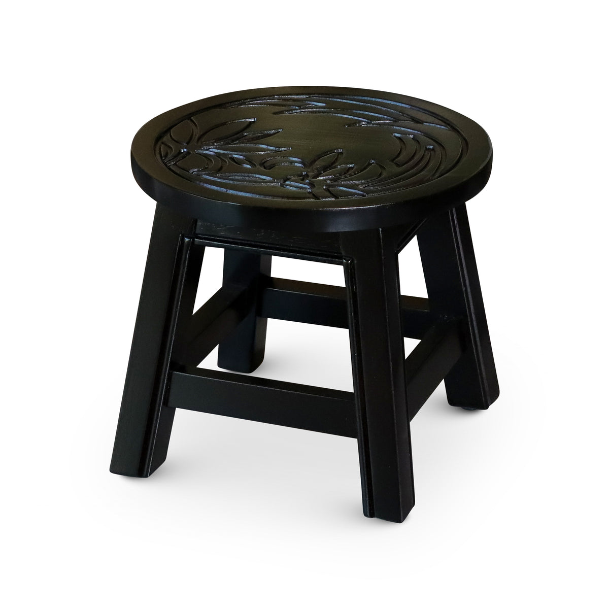 Carved Wooden Step Stool, Floral, Espresso Espresso Rubber Wood