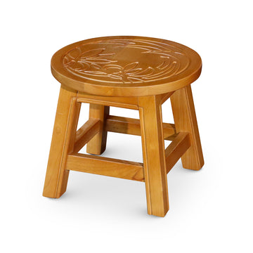 Carved Wooden Step Stool, Floral, Natural Natural Rubber Wood