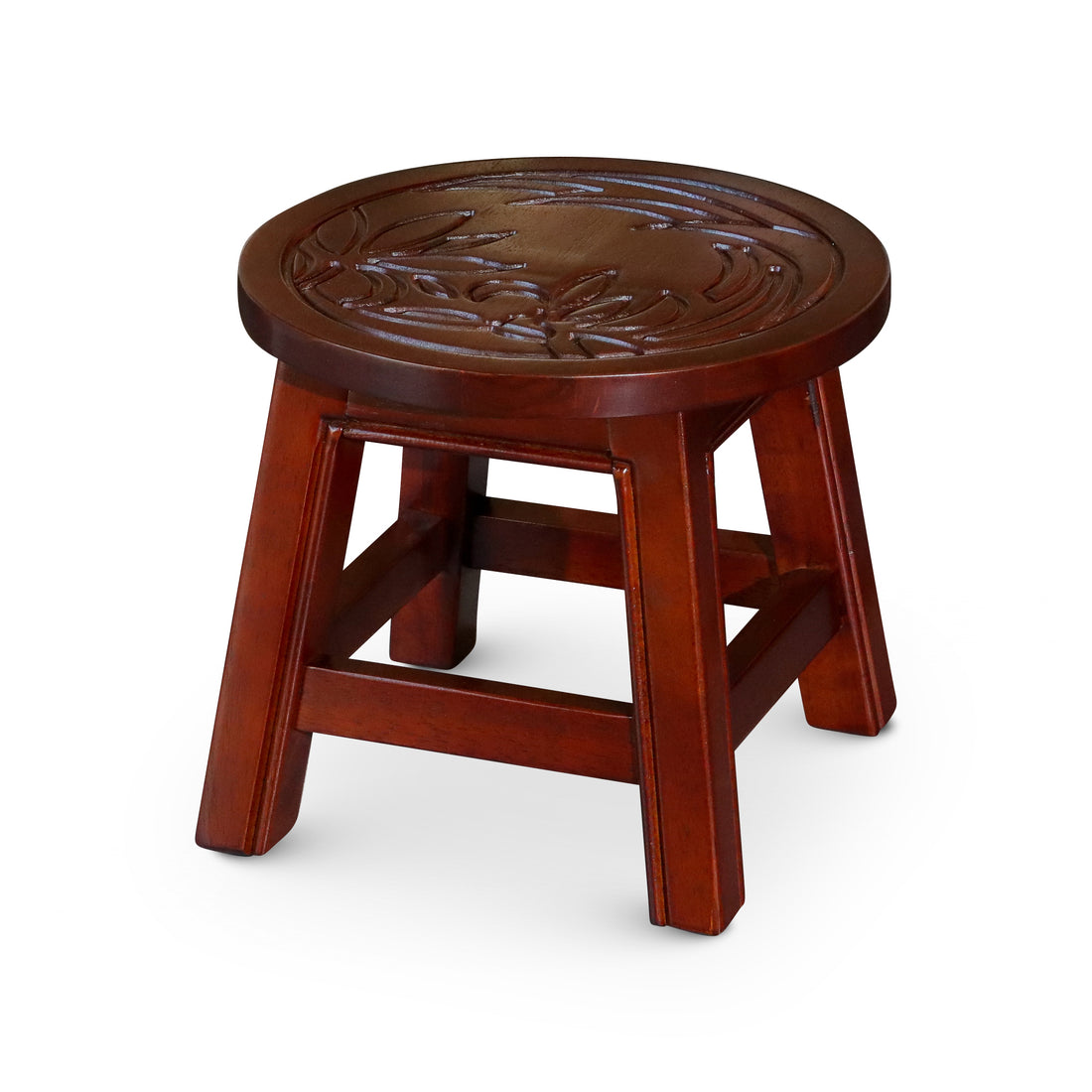 Carved Wooden Step Stool, Floral, Cherry Cherry Rubber Wood