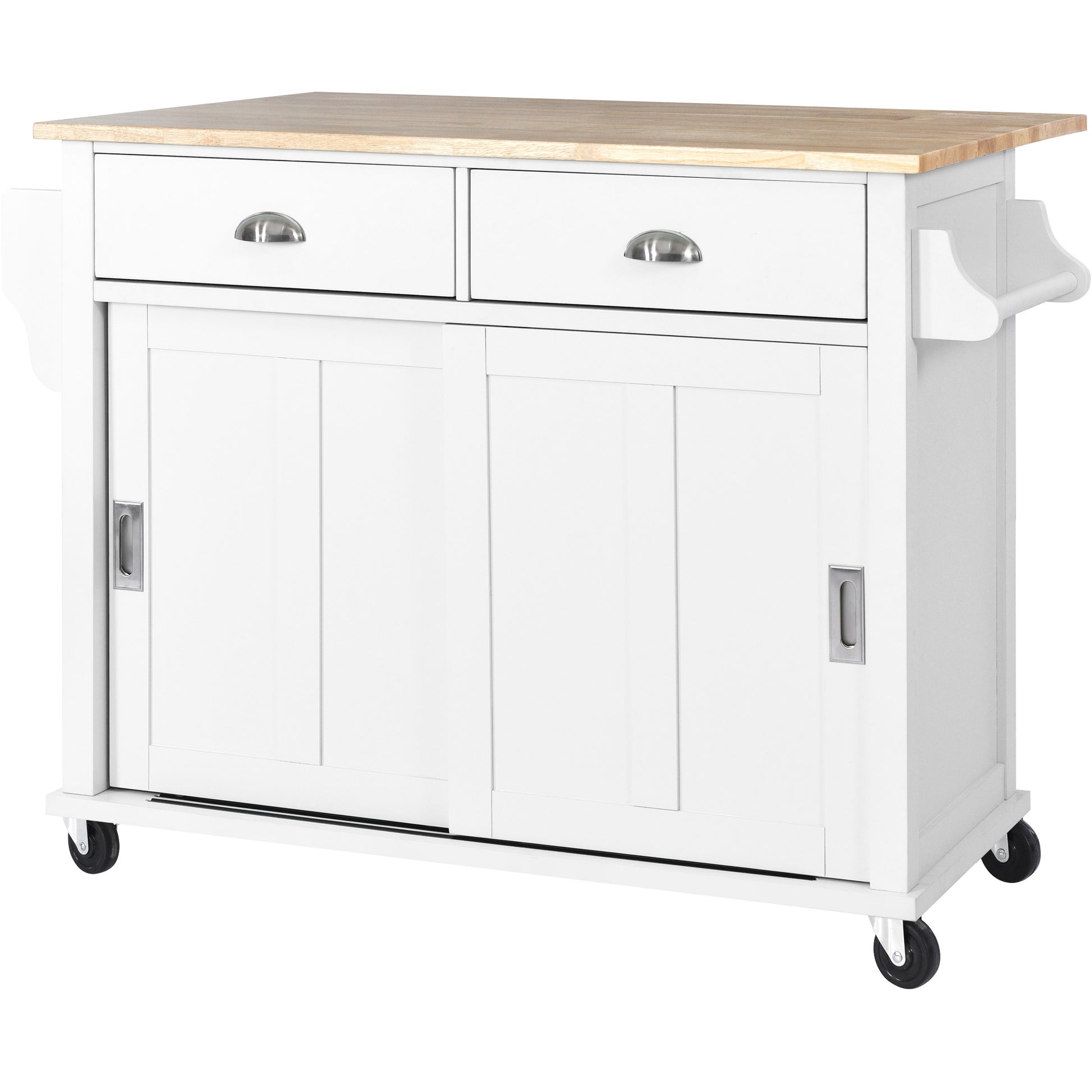 Kitchen Cart With Rubber Wood Drop Leaf Countertop, Concealed Sliding Barn Door Adjustable Height,Kitchen Island On 4 Wheels With Storage Cabinet And 2 Drawers,L52.2Xw30.5Xh36.6 Inch, White White Mdf